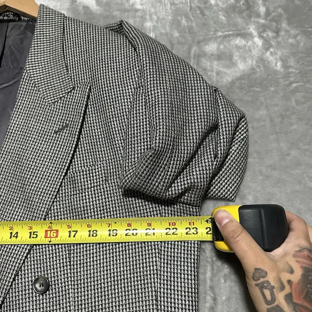 Vintage Vito Rufolo Houndstooth Blazer Mens 46L Grey Lanificio Di Pray Wool Silk